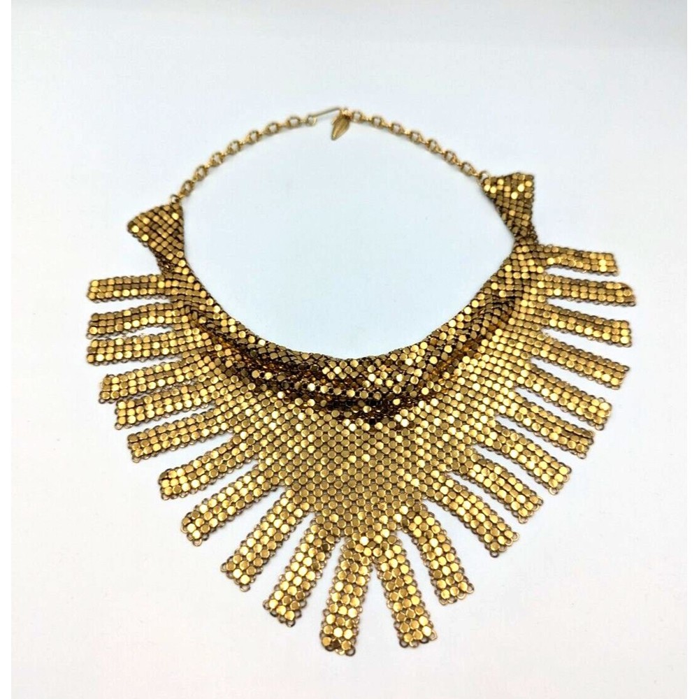 Whiting & Davis Gold Tone Chainmail Metal Fringed Vintage Bib Necklace 1970s - Picture 3 of 14